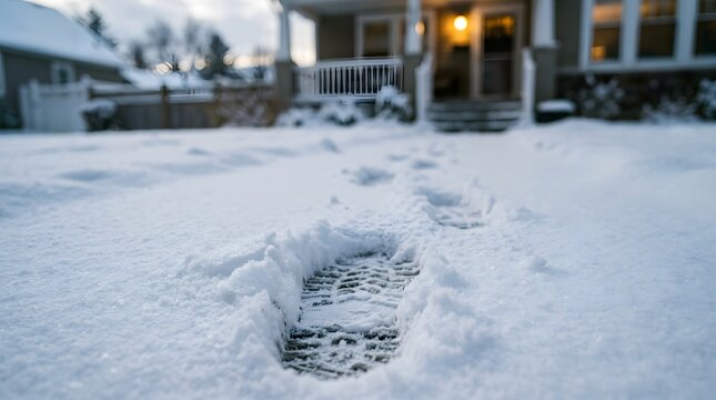 Close-up of deep courier boot footprints in fresh white snow leading towards a suburban house porch during winter, representing home delivery service and mail arrival in cold weather.