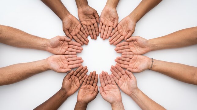 Diverse group of hands joined in a circle symbolizing unity, teamwork, collaboration and partnership. Multi-ethnic people holding palms up representing cooperation, support and