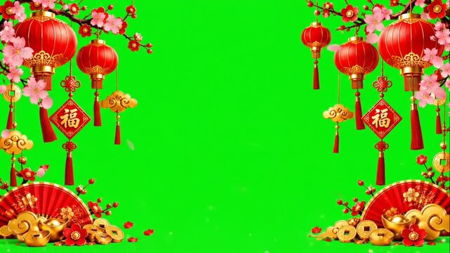 Chinese New Year 2027 Red Lanterns and Pink Cherry Blossoms Festive Border on Green Screen
