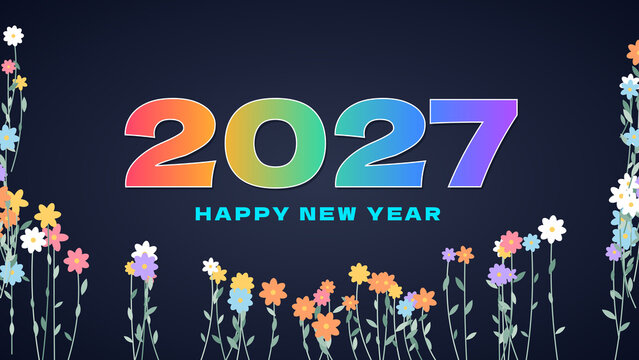 Happy New Year 2027 floral celebration background with colorful gradient typography and decorative flower border design