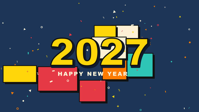 Happy New Year 2027 geometric celebration background with colorful block shapes confetti and modern festive typography