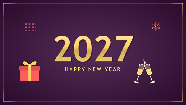 Happy New Year 2027 luxury celebration background with golden typography champagne toast gift box and festive purple design