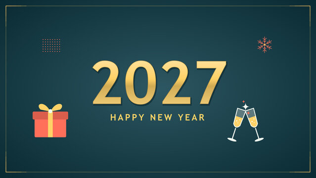 Happy New Year 2027 luxury celebration background with golden typography champagne toast gift box and elegant festive design