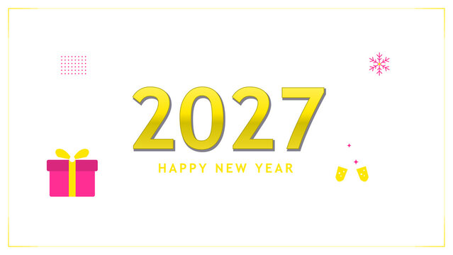 Happy New Year 2027 celebration background with gold typography gift box champagne glasses and elegant festive design