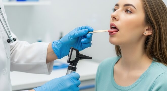 Doctor performing a throat examination on a young woman with a tongue depressor and otoscope in a medical clinic.