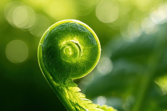 Young green fern frond unfurling in spiral shape with morning dew, fresh spring plant growing in sunlight forest for nature ecology concept design