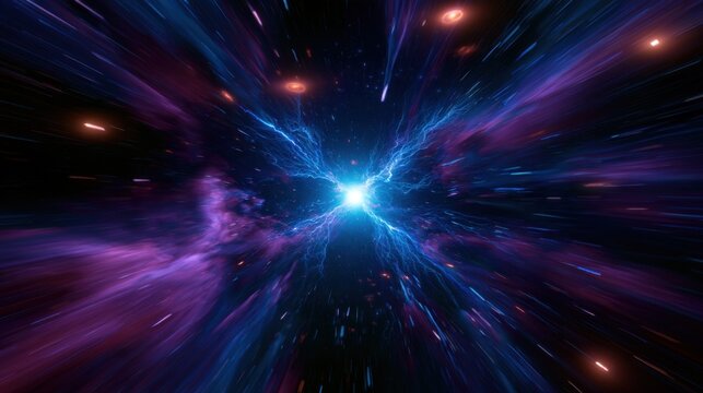 Warp speed flight through purple energy tunnel in deep space, blue lightning streaks and stars for futuristic science fiction background design art