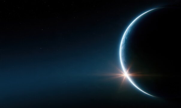 Glowing crescent planet edge with sunrise light in dark space, stars shining above alien world horizon for science fiction cosmic background design