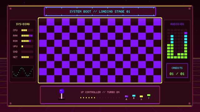 Retro Arcade Game Boot up and Loading Sequence with Pixel Art Interface
