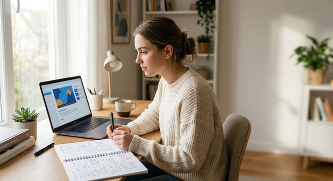 Focused young woman taking notes while watching online course video on laptop at desk