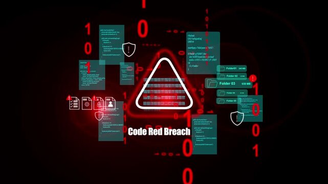 Code Red Breach Animation Showing Warning Triangle, Falling Binary Code and Security Panels Signaling Emergency Data Leak Across Compromised Network