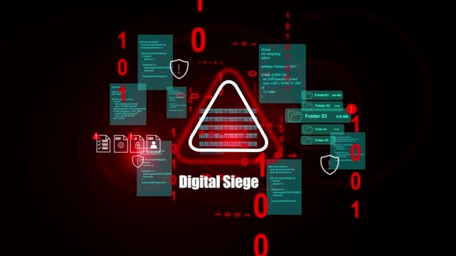 Digital Siege Animation Showing Red Warning Triangle, Falling Binary Code and Security Panels Depicting Coordinated Hacker Assault Against Protected Networks
