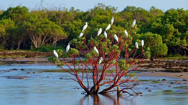 Flock of white egrets perched on a red-stemmed mangrove tree in shallow coastal water, with green forest background.