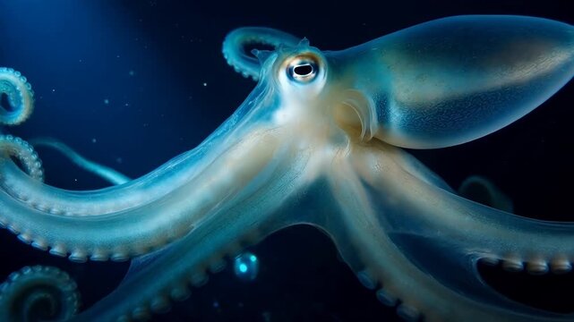 Close-up of a translucent blue octopus swimming gracefully in deep dark ocean waters with visible tentacles and eye.