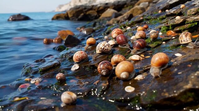 Snails with patterned shells crawl on wet, algae-covered rocks along a sunlit rocky shoreline next to calm blue sea water.