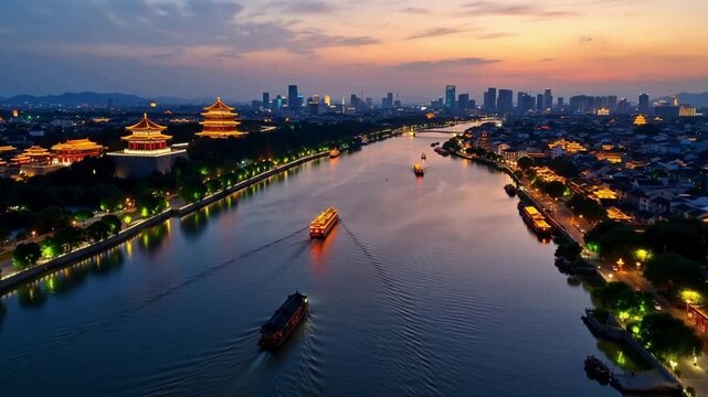 Aerial dusk view of a illuminated Chinese river with traditional pagodas, modern skyline, and glowing boats navigating the waterway.