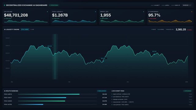 Futuristic decentralized exchange ai dashboard with live crypto trading charts, liquidity metrics, market analytics in 4k for modern blockchain finance technology