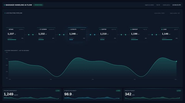 Baggage handling ai flow dashboard in tracking airport luggage routing pipeline, for smart, logistics, real time data 4k, analytics