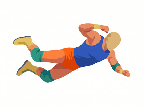 Wrestler shown midair diving horizontally while wearing blue shirt and orange shorts.