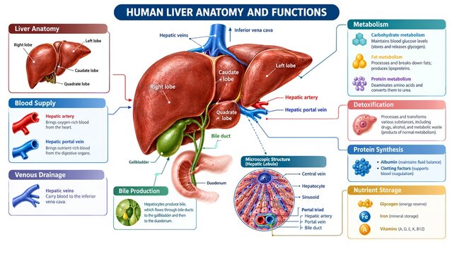 Detailed 3D medical infographic illustrating human liver anatomy, blood supply, bile production, metabolism, detoxification, protein synthesis, nutrient storage, and microscopic hepatic structure on a