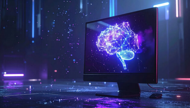 Digital brain network displayed computer monitor futuristic laboratory with blue and purple lighting, suggesting artificial intelligence, neuroscience, innovation, and advanced technology research