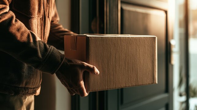 Black Friday delivery courier holding cardboard box parcel at door