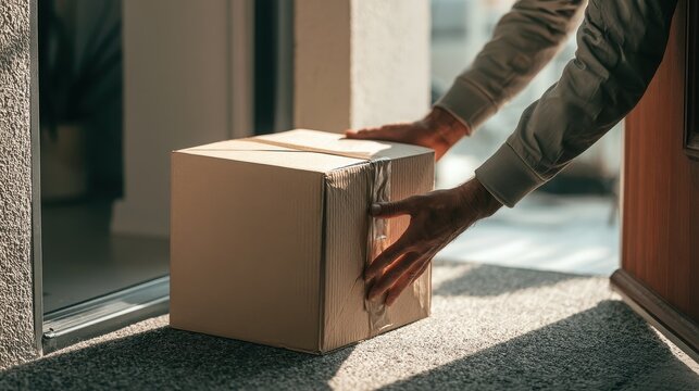 Black Friday delivery courier placing cardboard box on doorstep for