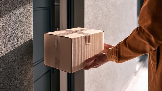 Black Friday delivery courier holding a cardboard box at a