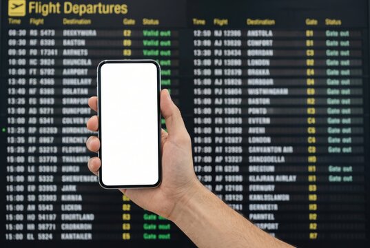 Hand holding smartphone with blank white mockup screen in front of airport flight departures board. Concept for online check in, mobile boarding pass, travel application, and tourism technology.