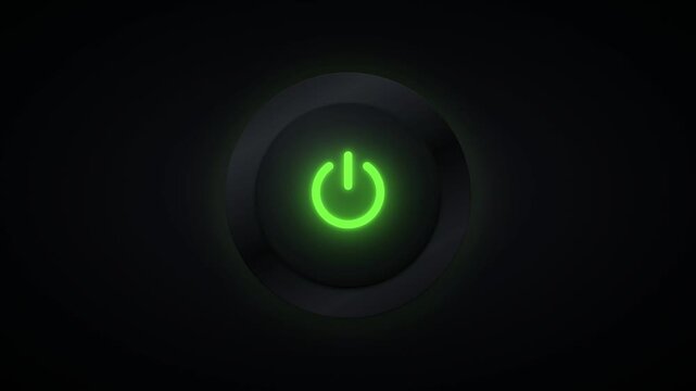 Power Button ON OFF Animation, Glowing Red to Green Neon Power Symbol, Futuristic Electronic Switch on Dark Black Background
