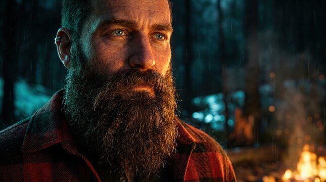 Bearded Man in Plaid Shirt by Campfire in Rainy Forest
