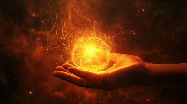 Spiritual energy glowing fire sphere held in human hand abstract
