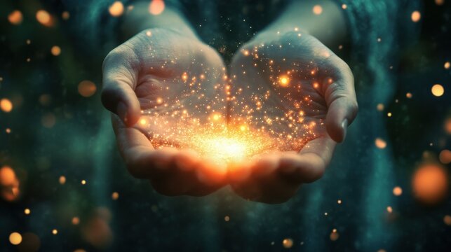Spiritual mindfulness with glowing hands holding golden light