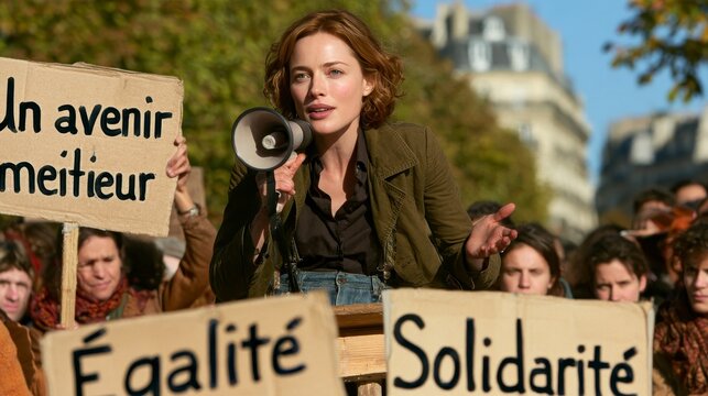 Woman speaking through a megaphone at a public gathering with handwritten equality and solidarity signs, urban buildings and trees in the background, documentary style photograph