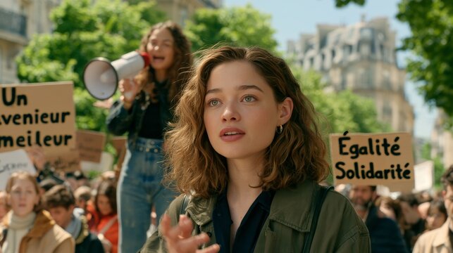 Woman at a public demonstration with megaphone and signs reading equality and solidarity, urban street scene with crowd and greenery in France