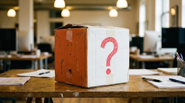 Mystery Box with Question Mark on Desk in Office Setting