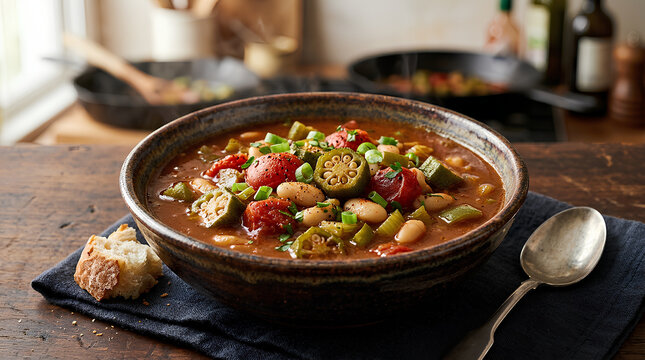 Hearty vegetable and bean soup served in a rustic bowl with fresh bread on a wooden table