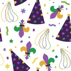 Mardi Gras seamless pattern background featuring festive carnival party hats, colorful bead necklaces, fleur de lis symbols and bright confetti on white isolated layout. © Oksana