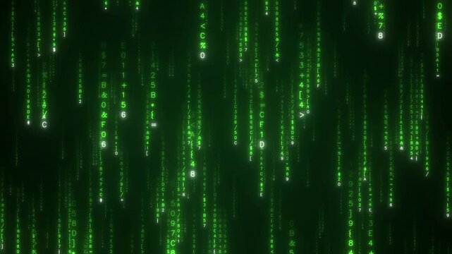 Green binary code rain falling digital data stream background
