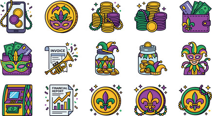Mardi Gras finance icon set with mask coins, jester jar and fleur de lis coins, vector icon set isolated on white © iga