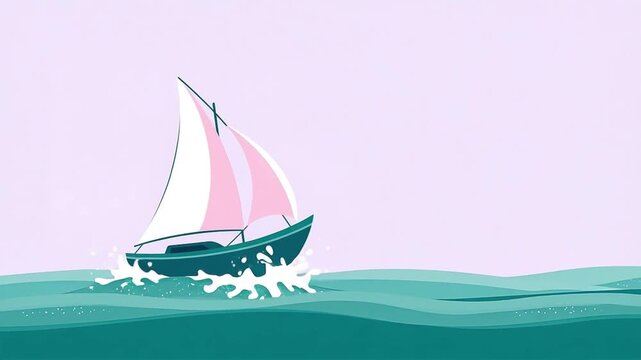 Teal sailboat gliding over waves on lavender background