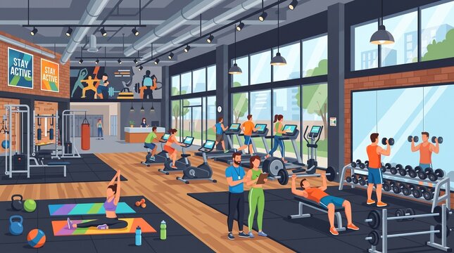 Modern Gym Interior Vector Illustration with People Exercising, Weightlifting, and Cardio Workout