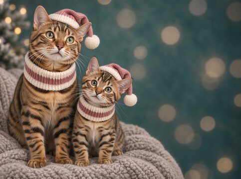 Bengal cat and kitten wearing matching striped winter hats and neck warmers. Cute holiday pet portrait on bokeh lights background. Christmas celebration concept