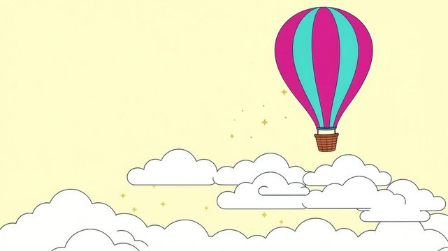 Magenta and turquoise hot air balloon rising above soft clouds