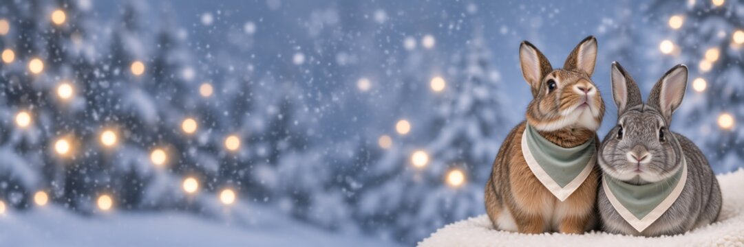 Two domestic rabbits wearing bandanas in winter landscape. Cute bunny pair sitting on white fleece with snowfall and holiday lights. Panoramic banner with copy space