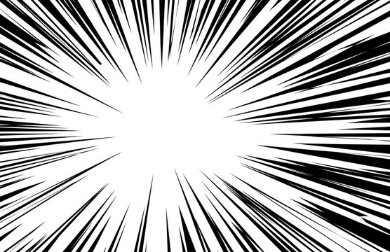 Black and white comic speed line burst background with radial manga rays. Abstract explosion zoom effect graphic in monochrome style. Perfect for poster, banner, and action design projects.