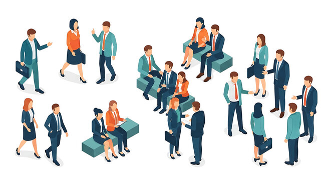 Business People Engaged in Professional Interaction Networking and Communication in an Isometric Illustration Style