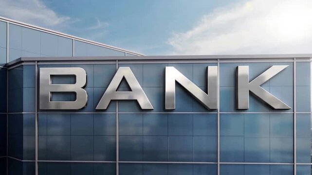 Bank Building Exterior with Large Metallic Sign Urban Financial Institution Modern Corporate Architecture Day