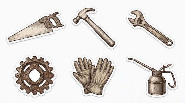 Vintage style depiction of essential hand tools including saw, hammer, wrench, gear, gloves, and oil can for repair and maintenance.