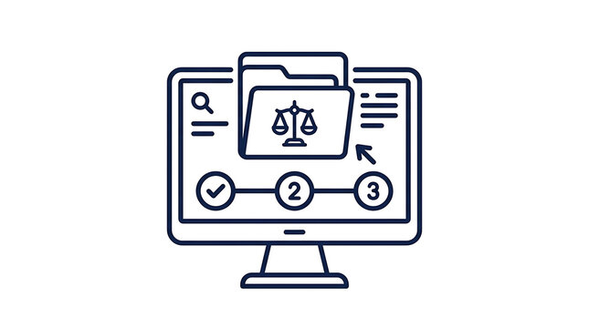 Digital legal process on computer screen with workflow steps and scales of justice icon